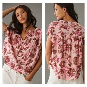 Anthropologie Pilcro Pink Floral Henley Top small short sleeve